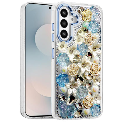 For Samsung Galaxy S25 FE, S25 Fan Edition 3D Diamond Floral Roses Flower Bling Stone Hybrid, Sparkly Rhinestone Gemstone Back Shockproof Case Cover Green