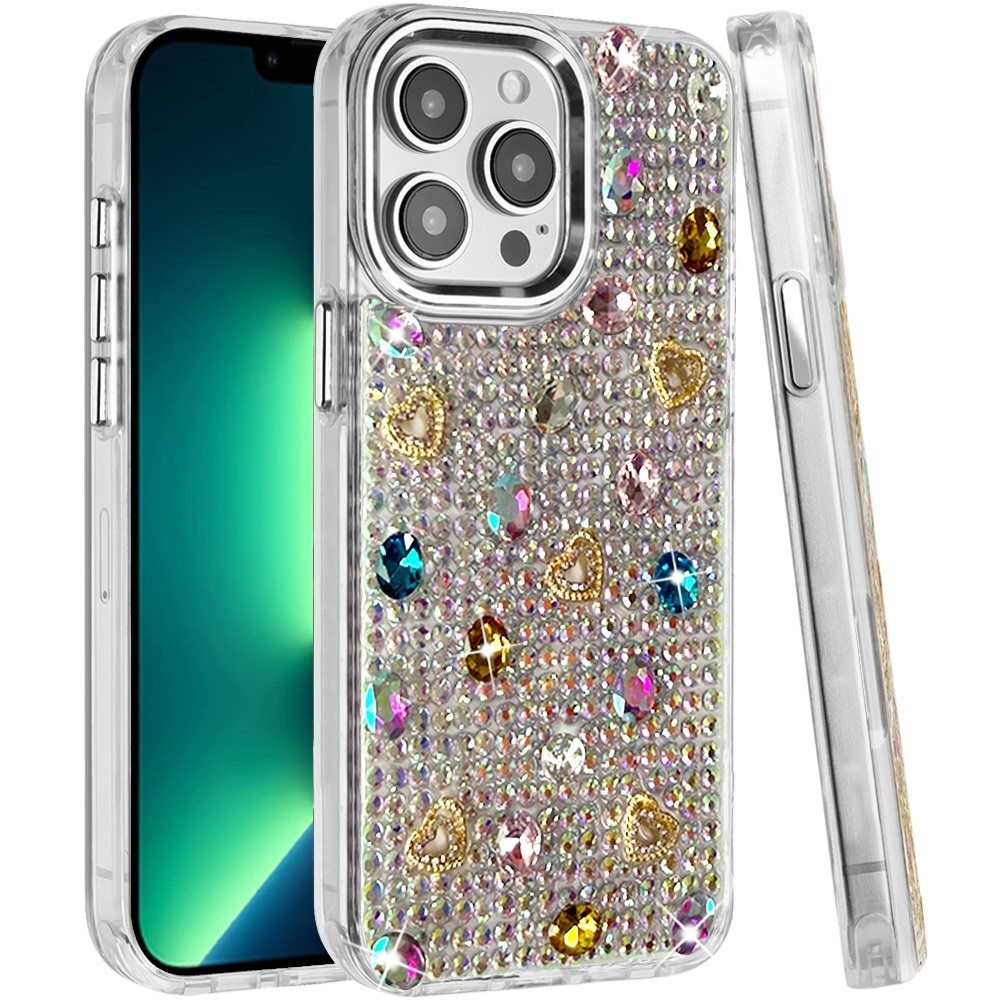 Phone Case for Apple iPhone 13 Pro Max Chrome Fashion Hybrid Bling Diamond Heart Rhinestone Decorative Stones Sparkling Embellished Design Cover