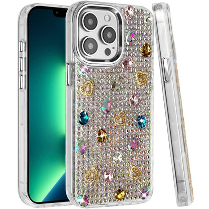 Phone Case for Apple iPhone 13 Pro Max Chrome Fashion Hybrid Bling Diamond Heart Rhinestone Decorative Stones Sparkling Embellished Design Cover