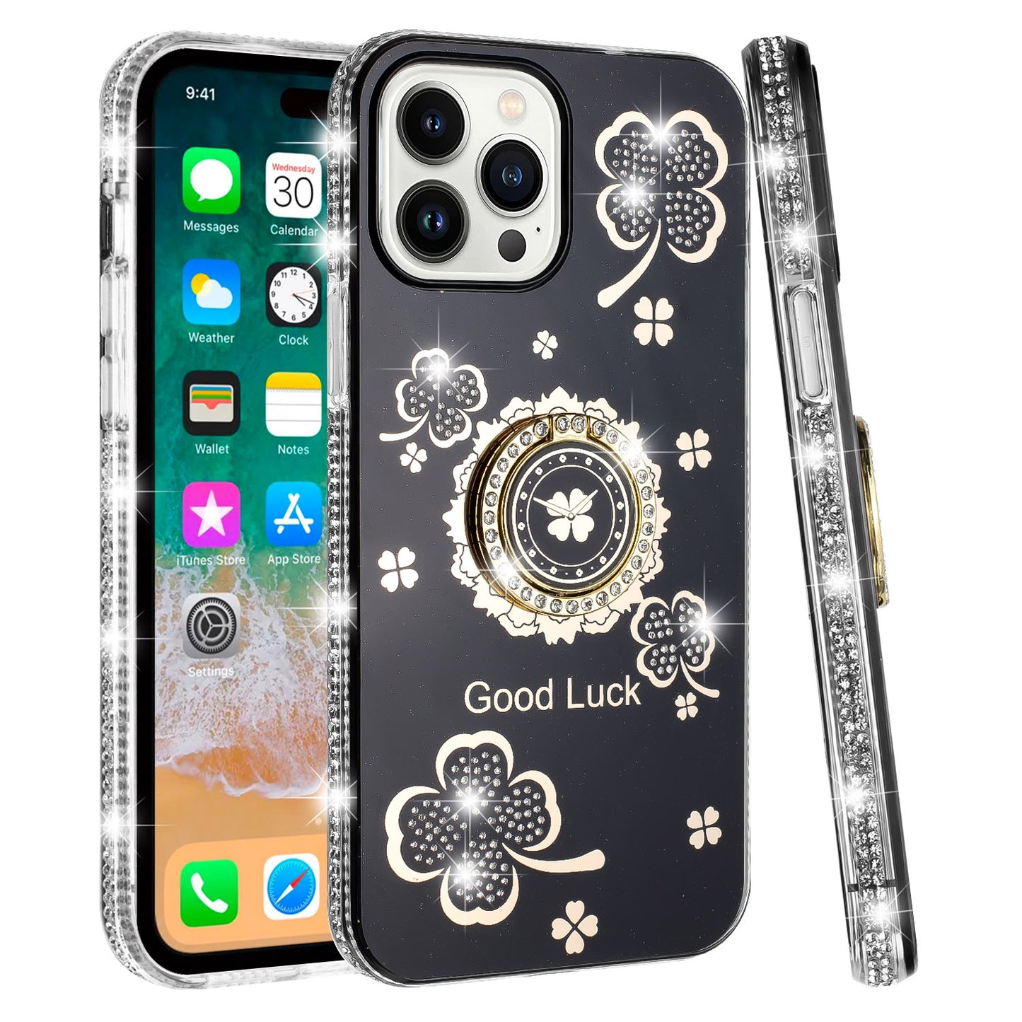For Apple iPhone 16 (6.1") Diamonds Bling All Around Edges Sparkly Glitter Hybrid with Ring Stand Holder Fashion Good Luck Case Cover