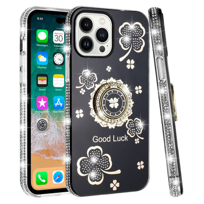 For Apple iPhone 16 Plus (6.7") Diamonds Bling All Around Edges Sparkly Glitter Hybrid with Ring Stand Holder Fashion Good Luck Case Cover