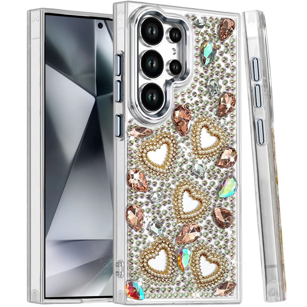 Phone Case for Samsung Galaxy S24 Ultra Luxury Crystal Heart Rhinestone Diamond Bling Shockproof Hybrid Glitter Protective Stylish Durable Grip Cover Brown