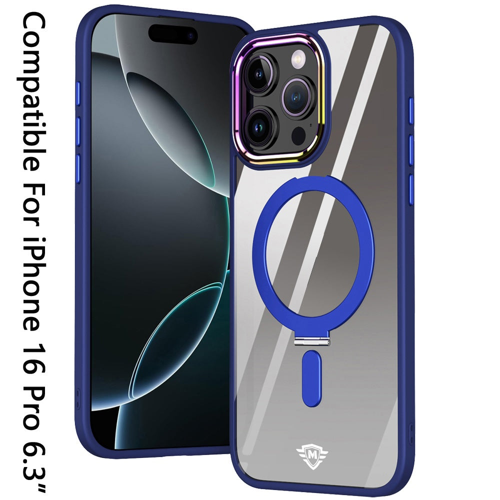 For Apple iPhone 16 Pro Magnetic Ring Stand Hybrid MagSafe Compatible Shockproof Protection Transparent Back Alloy Chrome Grip Case Cover Navy Blue