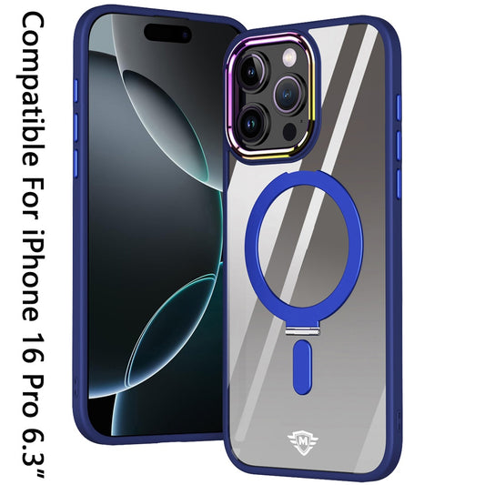 For Apple iPhone 16 Pro Magnetic Ring Stand Hybrid MagSafe Compatible Shockproof Protection Transparent Back Alloy Chrome Grip Case Cover Navy Blue