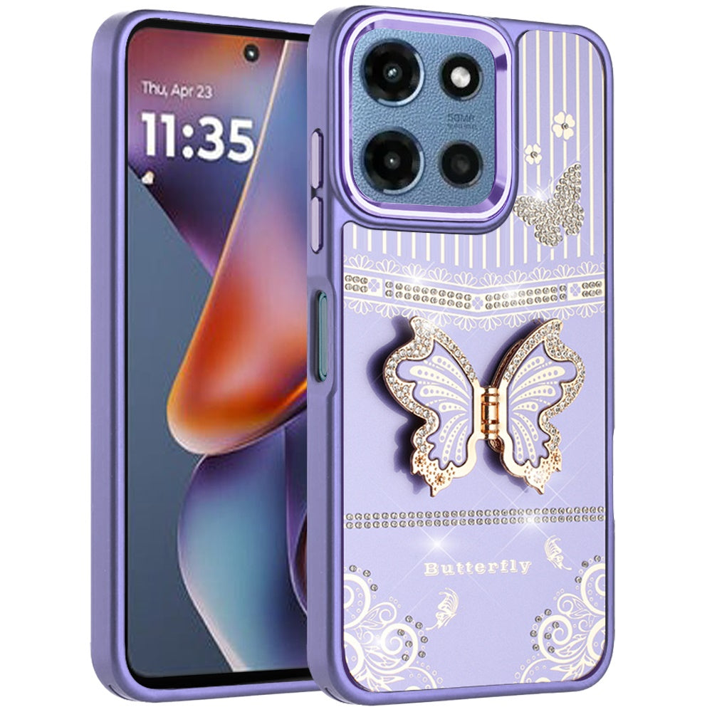 Phone Case for Motorola Moto G Play 5G 2026/ 5G 2025/ 5G2026 Glitter Bling Butterfly Stand Metallic Edge Hybrid Shockproof Grip Durable Camera Protection Stylish Design Cover