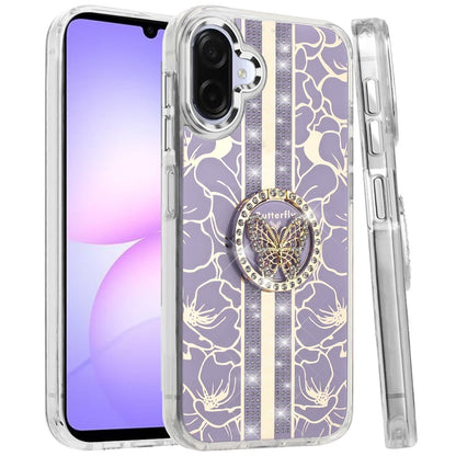 For Samsung Galaxy A07 Diamonds 3D Butterfly Floral Design Bling Sparkly Glitter Hybrid Metal Fashion with Ring Stand Case Cover