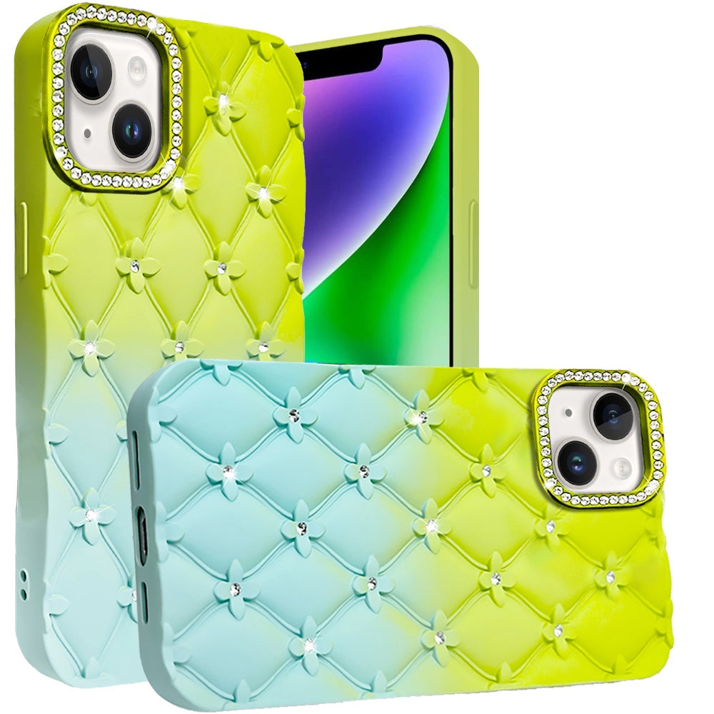 For Apple iPhone 16 Pro (6.3") Fashion Flower Design Sparkle Glitter Shimmer Rhinestone Bling Leather Feel Thick TPU Rubber Hard PC Case Cover