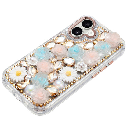 For Apple iPhone 17 (6.3") Fashion Daisy Floral Series, Full 3D Bling Crystal Diamonds Sparkling Rhinestone Glitter Hybrid Design Case Cover