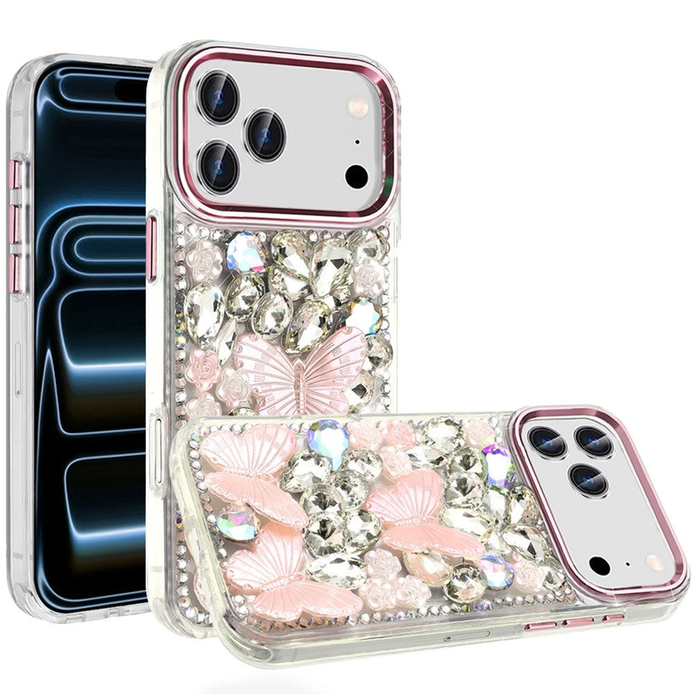 Phone Case for Apple iPhone 18 Pro Luxury 3D Floral Butterfly Bling Rhinestone Glitter Shockproof Stylish Protective Hybrid Designer Metallic Cover