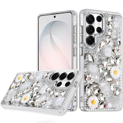 For Samsung Galaxy S26 Ultra Fashion Daisy Floral Series, Full 3D Bling Crystal Diamonds Sparkling Rhinestone Glitter Hybrid Design Case Cover