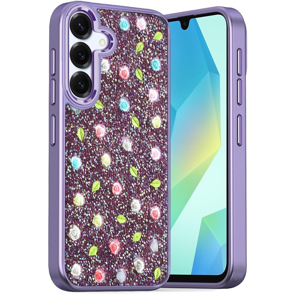 For Samsung Galaxy S25+ /S25 Plus /S24+ Plus Floral Design Embedded Glass Diamond Fancy Fashion Glitter Bling Sparkly Hybrid Rugged TPU Bumper Case Cover