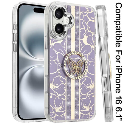 Phone Case for Apple iPhone 16 Floral Butterfly Ring Stand Glitter Bling Shockproof Hybrid Luxury Fashion Protective Anti Slip Durable Grip Cover