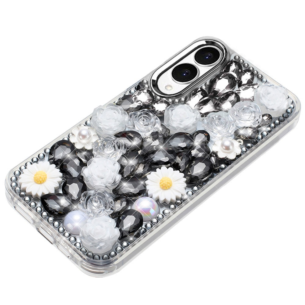 For Samsung Galaxy S25 Edge Fashion Daisy Floral Series, Full 3D Bling Crystal Diamonds Sparkling Rhinestone Glitter Hybrid Design Case Cover