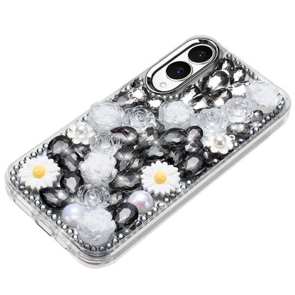 For Samsung Galaxy S25 Edge Fashion Daisy Floral Series, Full 3D Bling Crystal Diamonds Sparkling Rhinestone Glitter Hybrid Design Case Cover