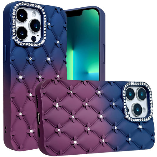 For Apple iPhone 13 Pro Fashion Flower Design Sparkle Glitter Shimmer Rhinestone Bling Floral Accents, Leather Texture TPU Case Cover Dark Blue/Burgundy