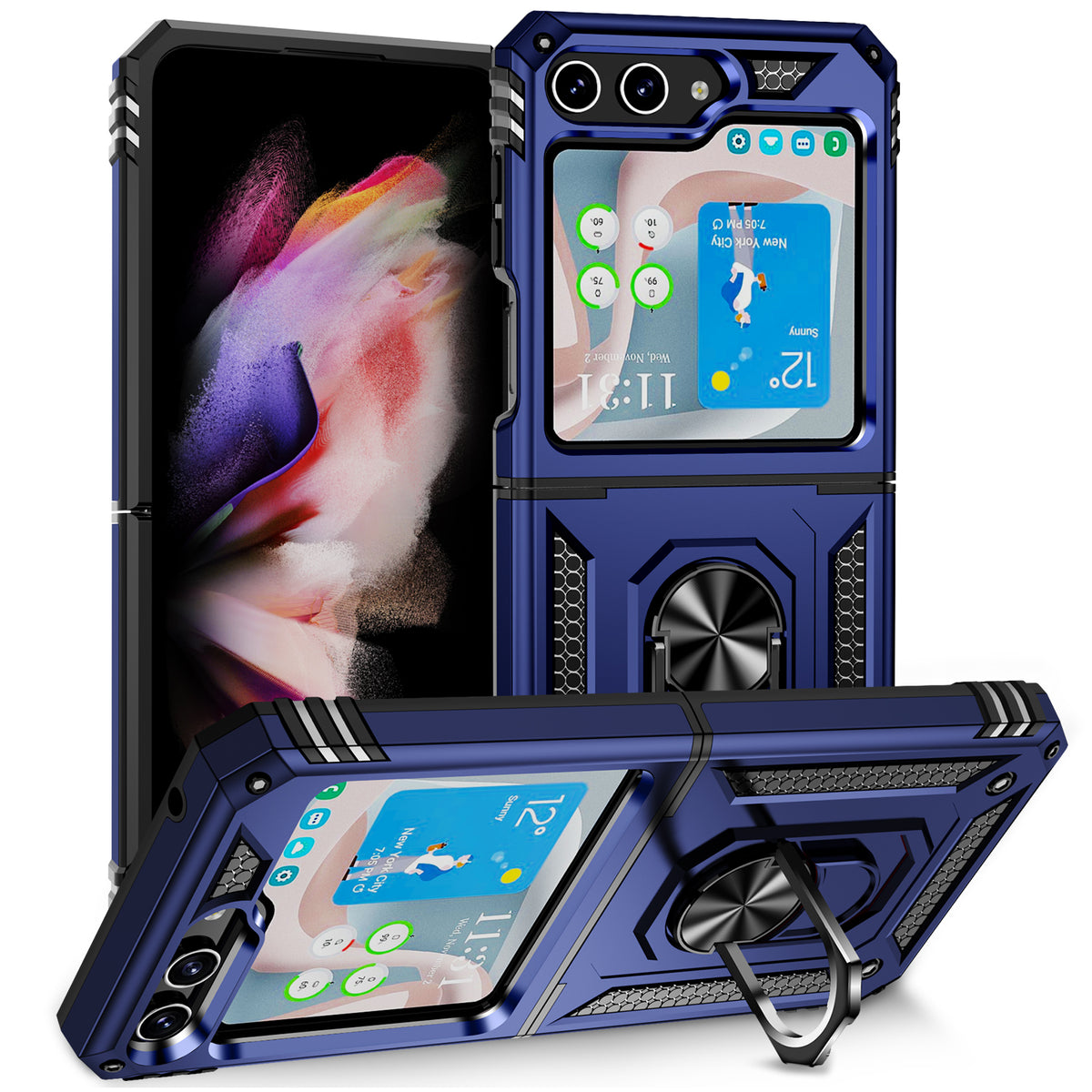 For Samsung Galaxy Z Flip 7 FE Hybrid Shockproof Protective with Magnetic 360° rotating Ring Kickstand, TPU Rubber PC Case Cover Blue