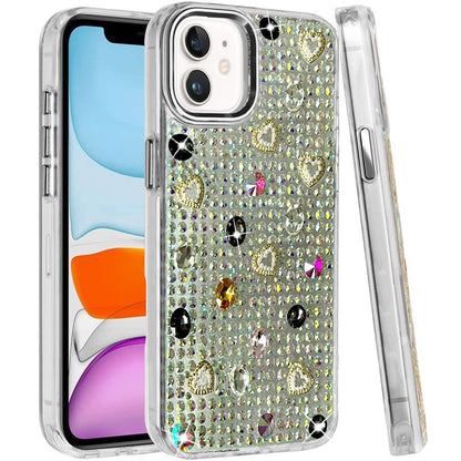 Phone Case for Apple iPhone 11 Chrome Fashion Hybrid Bling Diamond Heart Rhinestone Decorative Stones Sparkling Embellished Design Cover