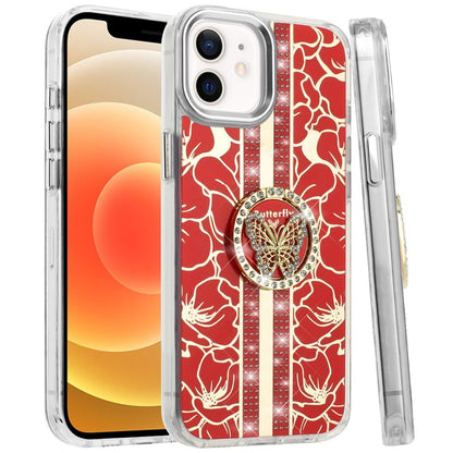 For Apple iPhone 15 Diamonds 3D Butterfly Floral Design Bling Sparkly Glitter Hybrid Metal Fashion with Ring Stand Case Cover
