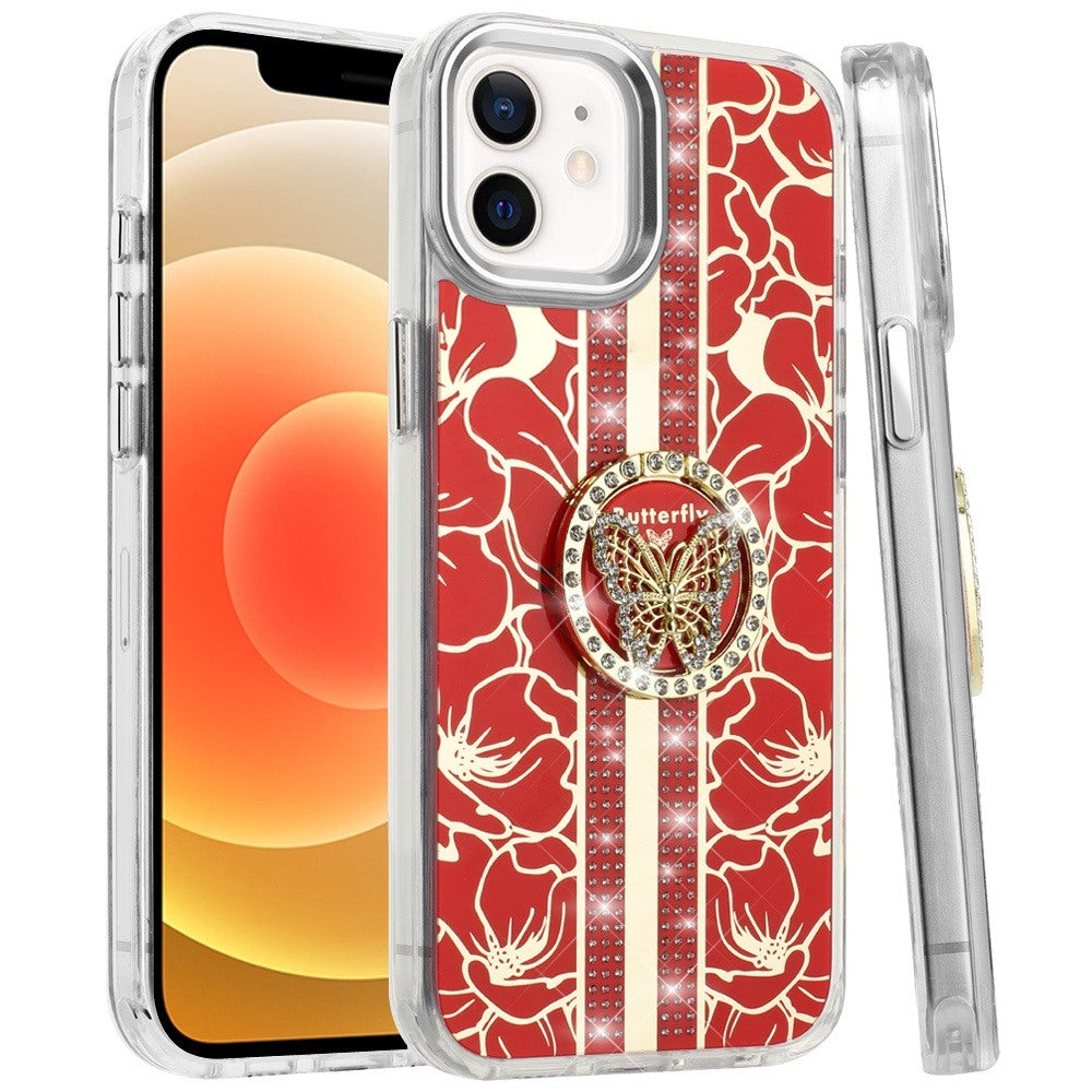 For Apple iPhone 11 Diamonds 3D Butterfly Floral Design Bling Sparkly Glitter Hybrid Metal Fashion with Ring Stand Case Cover