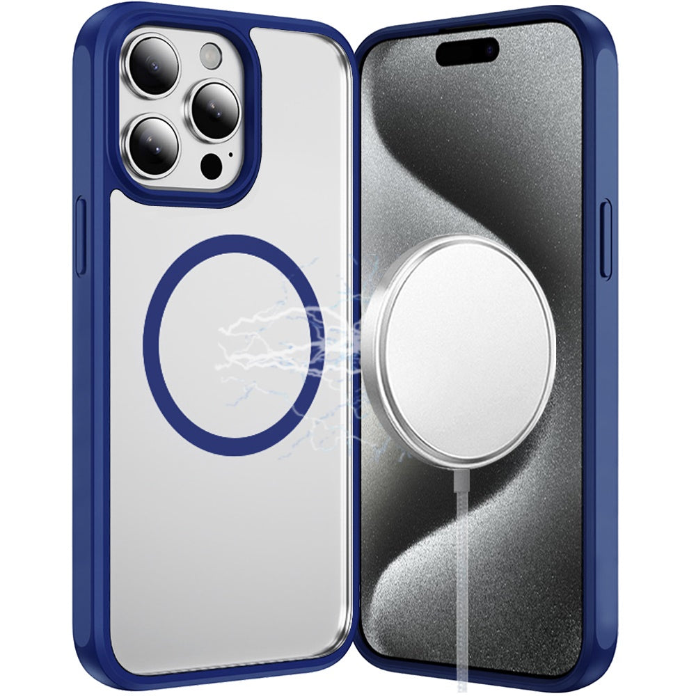 Phone Case for Apple iPhone 15 Pro Transparent Magnetic HQ Shockproof Hybrid 2.0mm Thick AntiSlip Grip Drop Protection Rugged Clear Durable Impact Cover Navy Blue