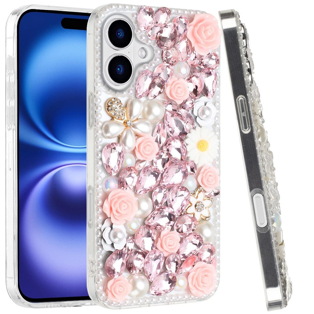 For Apple iPhone 17 (6.3") Fashion Rose Flower Floral, 3D Bling Crystal Full Diamonds Pearl Sparkle Rhinestone Glitter Hybrid Case Cover
