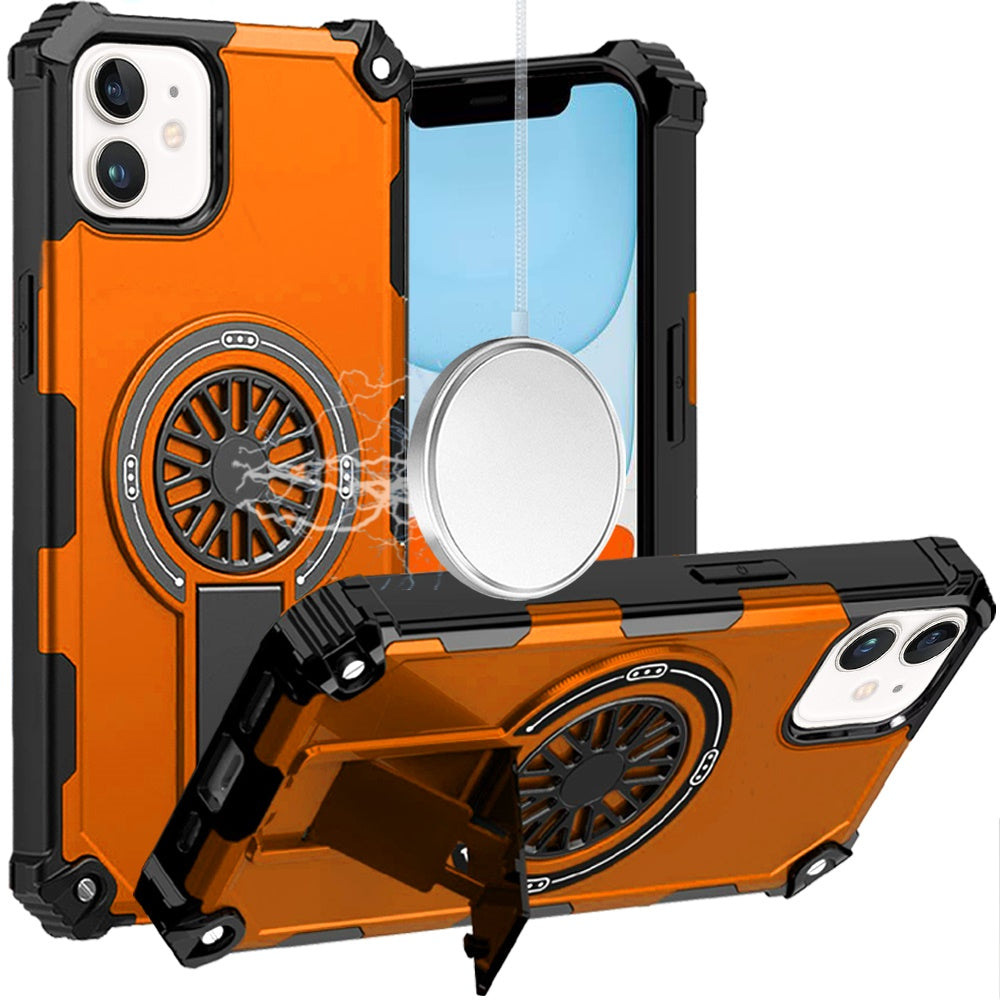 For Apple iPhone 11 Texture Design Invisible Kickstand Case, MagSafe Compatible Hybrid Shockproof Cover, Car Mount Friendly Case Cover Cosmic Orange