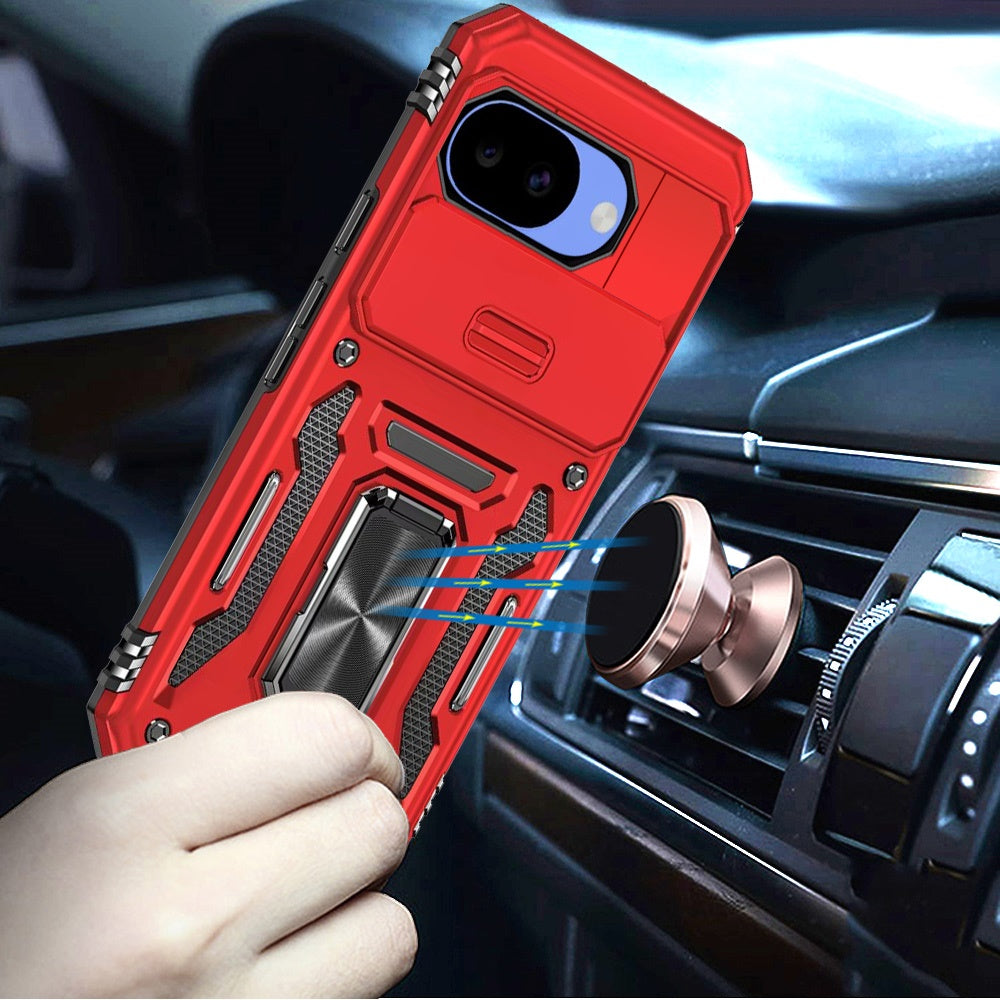 Phone Case for Google Pixel 10A Tough Metal Ring Shockproof Sliding Camera Window Hybrid Armor Rugged Anti Slip Heavy Duty Grip Cover Red