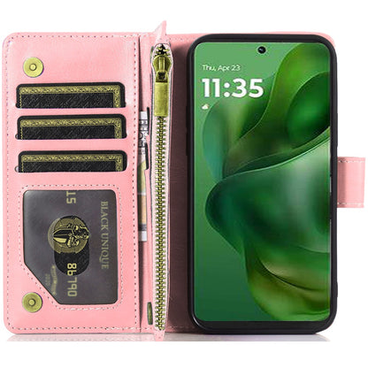 For Apple iPhone 17E /16E Leather Wallet Case with Zipper, 9 Card Slots, Cash Pocket, Stand & Strap, Clutch Pouch Design Case Cover Rose Gold