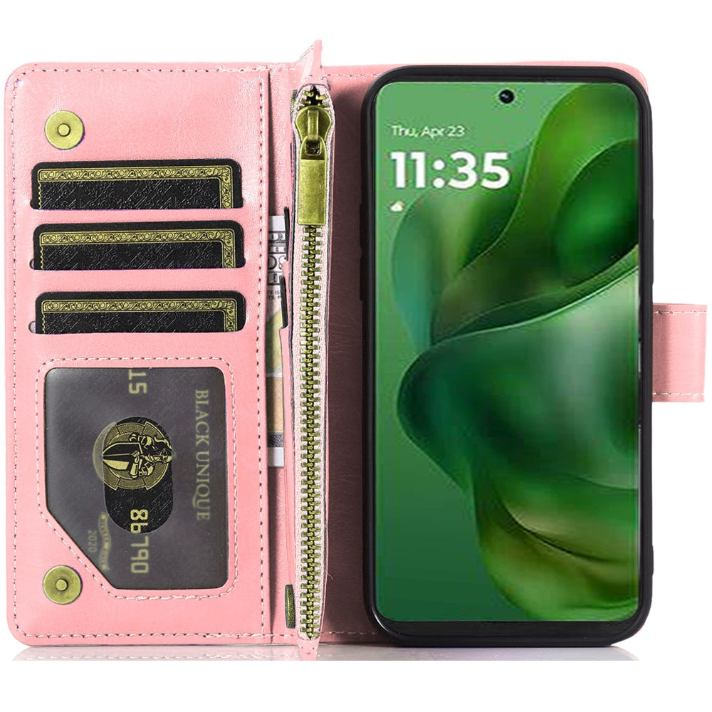 For Samsung Galaxy A57 Leather Wallet Case with Zipper, 9 Card Slots, Cash Pocket, Stand & Strap, Clutch Pouch Design Case Cover Rose Gold