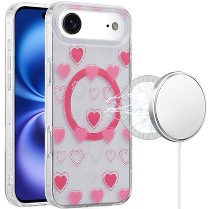 For Apple iPhone 17 Pro Stylish Pattern Fashion IMD Printed Design TPU Double Layer Slim Shockproof with Magnetic Back Case Cover Pink Heart