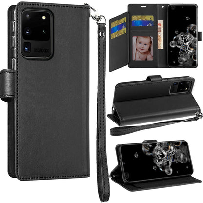 For Samsung Galaxy S20 Ultra Wallet Cases PU Leather with Credit Card /ID /Cash Holder Slot Dual Flip Book Pouch, Stand and Strap Case Cover Black