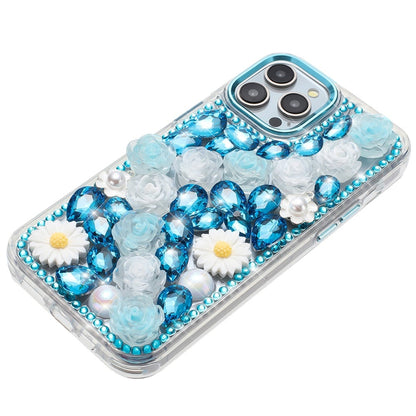 For Apple iPhone 12 Pro Max Fashion Daisy Floral Series, Full 3D Bling Crystal Diamonds Sparkling Rhinestone Glitter Hybrid Design Case Cover Black