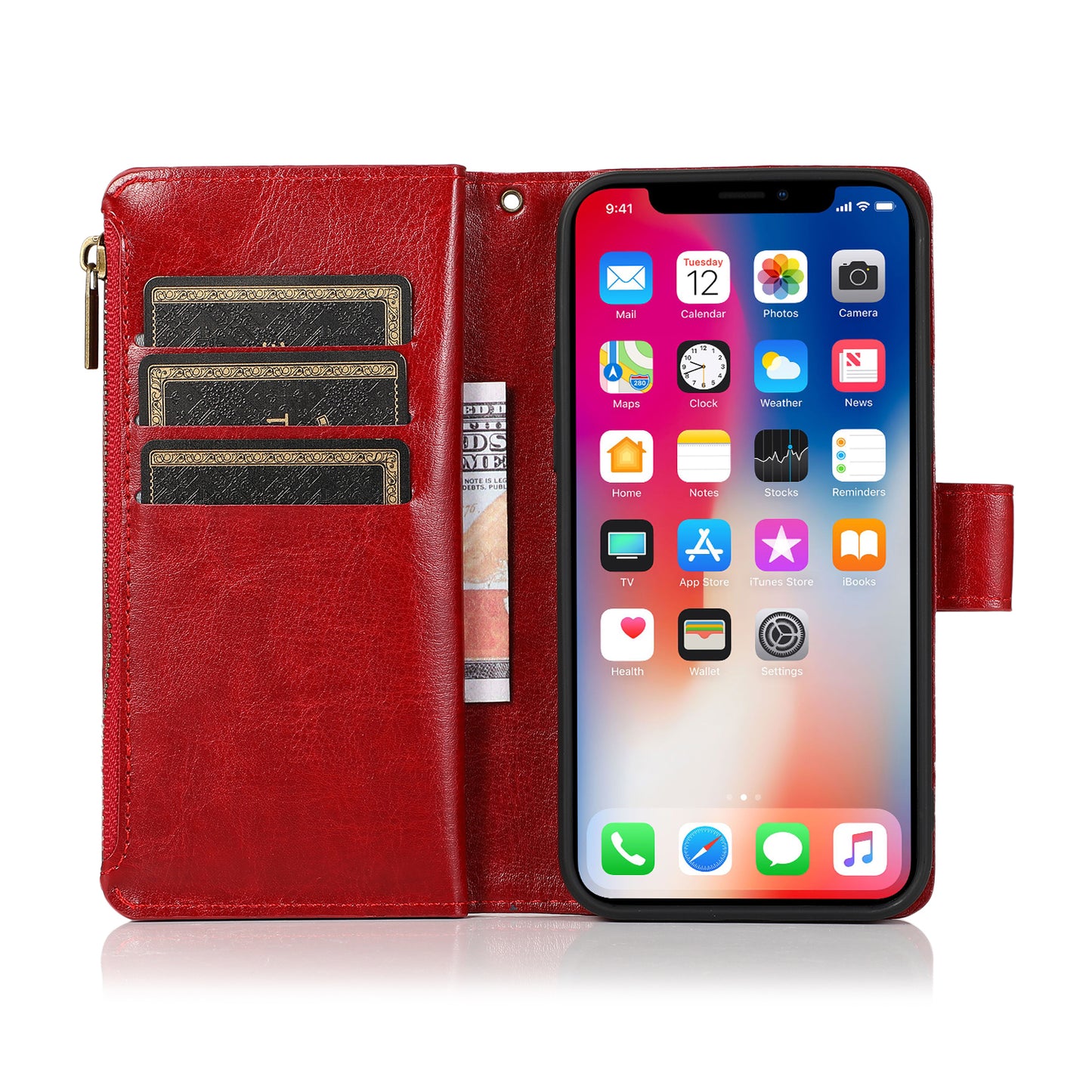 For Apple iPhone 16 (6.1") Leather Zipper Wallet Case 9 Credit Card Slots Cash Money Pocket Clutch Pouch Stand & Strap Case Cover Red