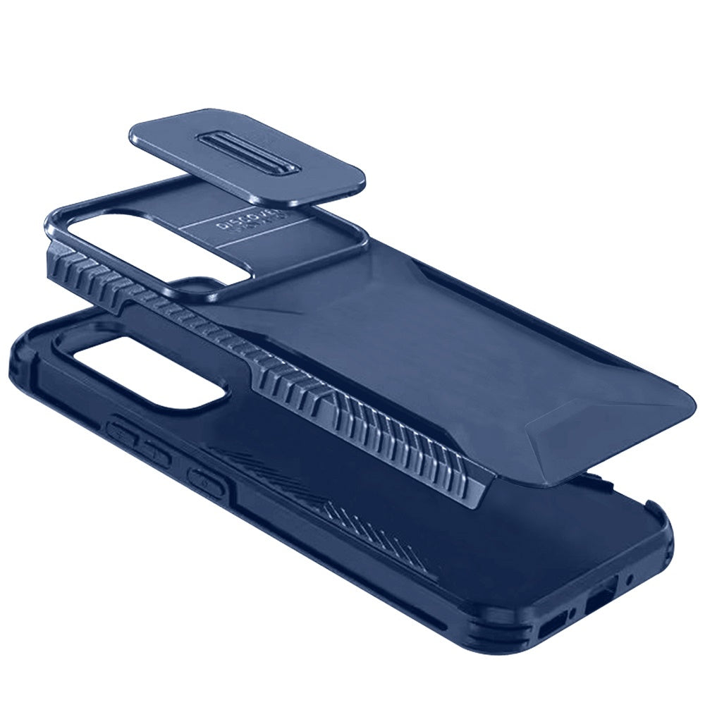 For Samsung Galaxy S21 Slim Fit Shockproof Hybrid with Slide Camera Window Covering, Rugged Tpu Silicone Hard PC Bumper Case Cover Dark Blue