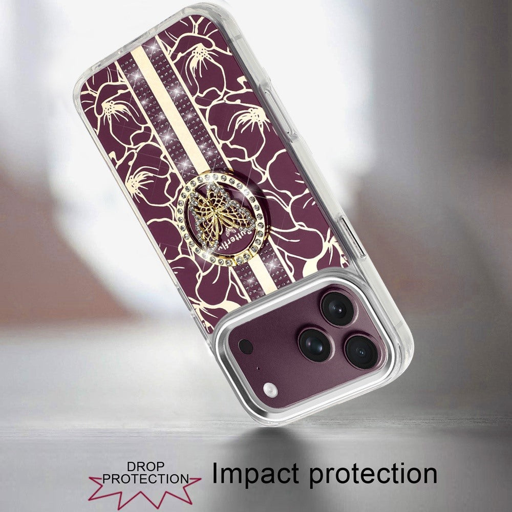 Phone Case for Apple iPhone 18 Pro Max/ iPhone 17 Pro Max Floral Butterfly Ring Stand Glitter Bling Shockproof Hybrid Luxury Fashion Protective Anti Slip Durable Grip Cover Purple