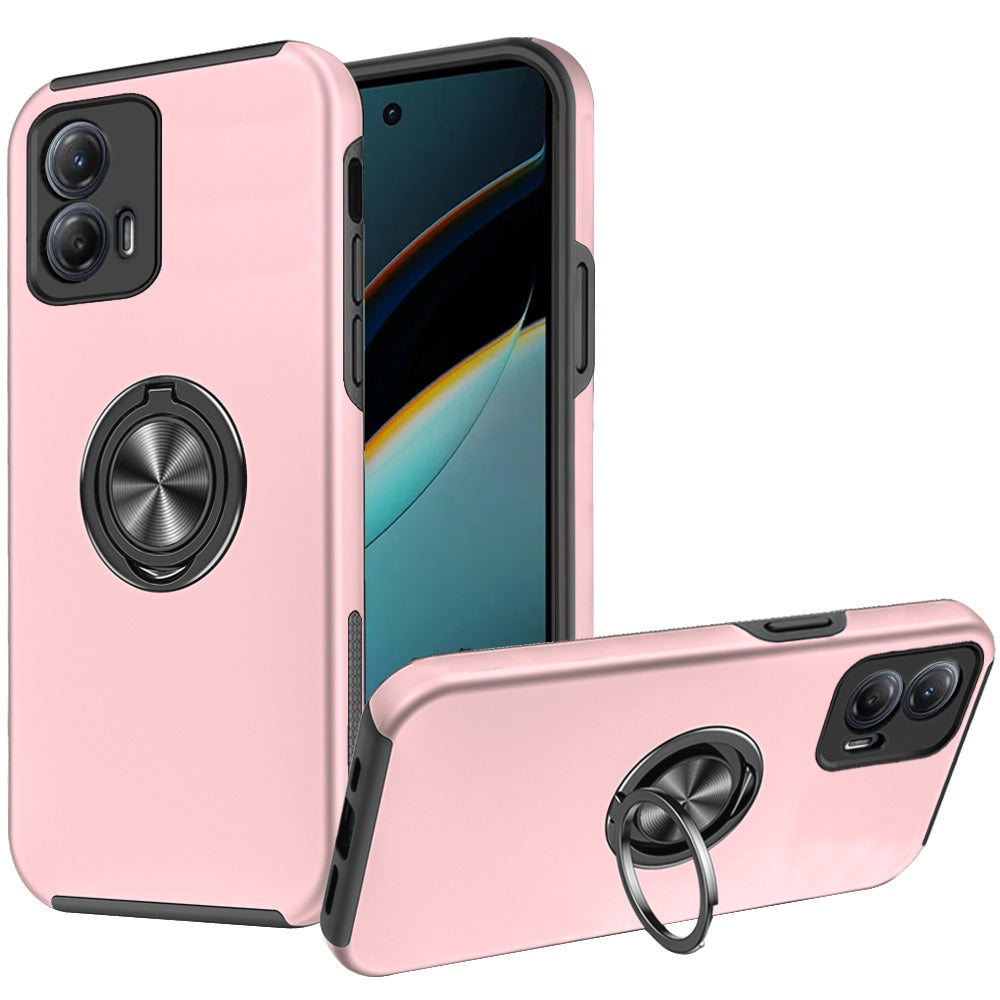 For Motorola Moto G Power 5G 2024 Hybrid 360 Degree Rotatable Metal Invisible Ring Stand Holder Slim Fit Magnetic Car Mount Shockproof Case Cover Pink