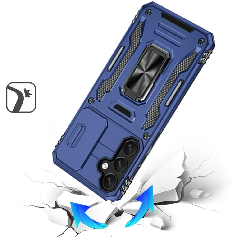 Phone Case for Samsung Galaxy S26 Tough Metal Ring Shockproof Sliding Camera Window Hybrid Armor Rugged Anti Slip Heavy Duty Grip Cover Blue