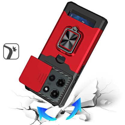 For Motorola Edge 2025 Wallet with Ring Stand & Slide Camera Cover Back Credit Card Slot Holder, Hard Shockproof Case Cover Red