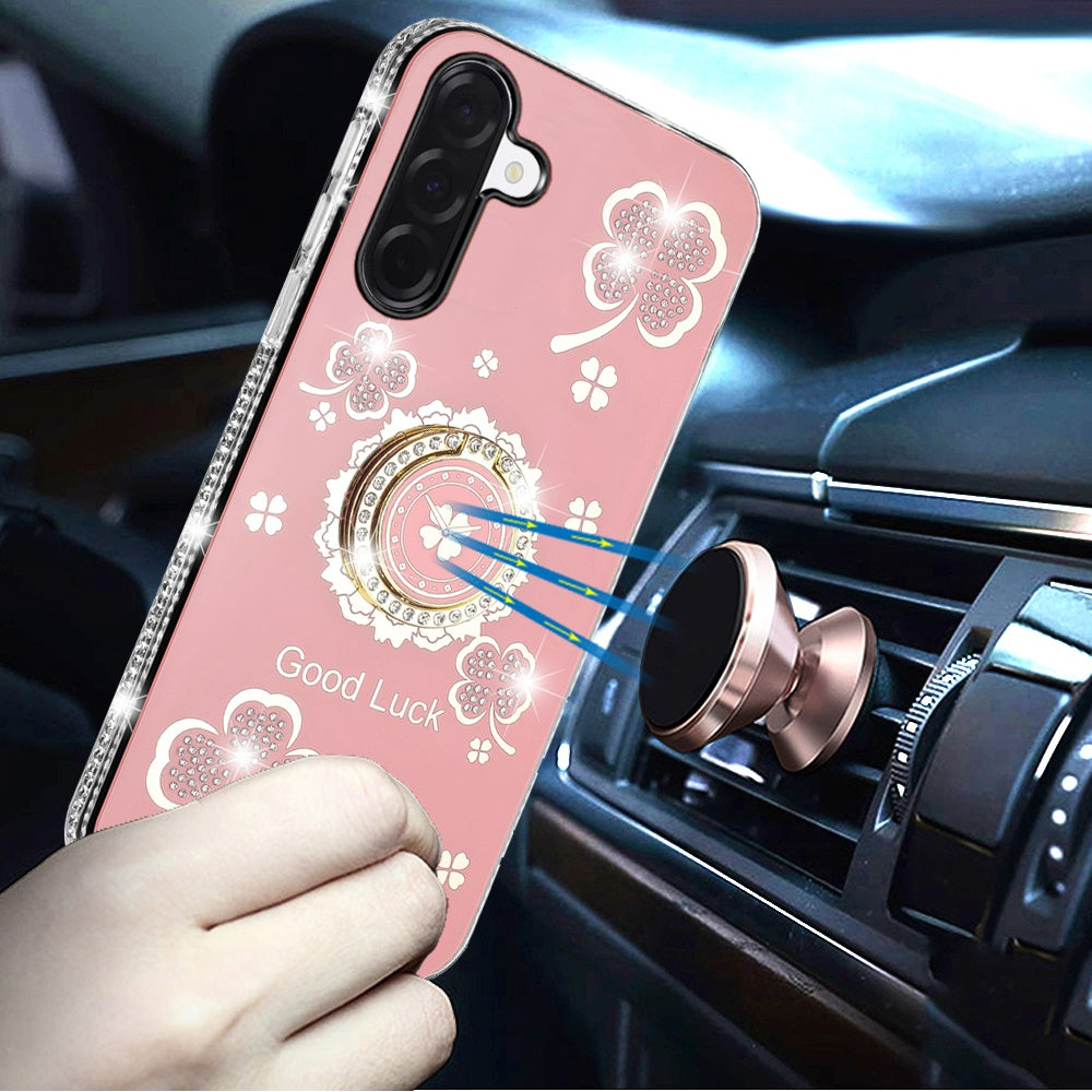 Phone Case for Samsung Galaxy A37 / A36 Glitter Diamond Ring Stand Sparkle Rhinestone Edge AntiSlip Kickstand Luxury Fashion Bumper Shockproof Cover Pink