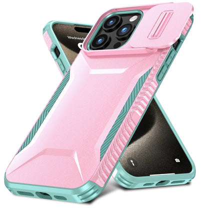 For iPhone 15 Pro Max (6.7") Slim Fit Shockproof Hybrid with Slide Camera Window Covering, Rugged Tpu Silicone Hard PC Bumper Case Cover Pink-Teal