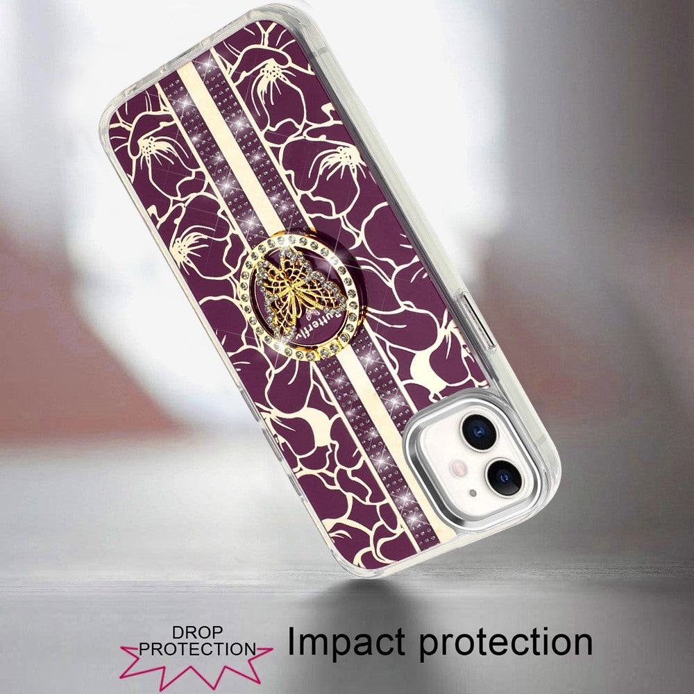 Phone Case for Apple iPhone 11 Floral Butterfly Ring Stand Glitter Bling Shockproof Hybrid Luxury Fashion Protective Anti Slip Durable Grip Cover Purple