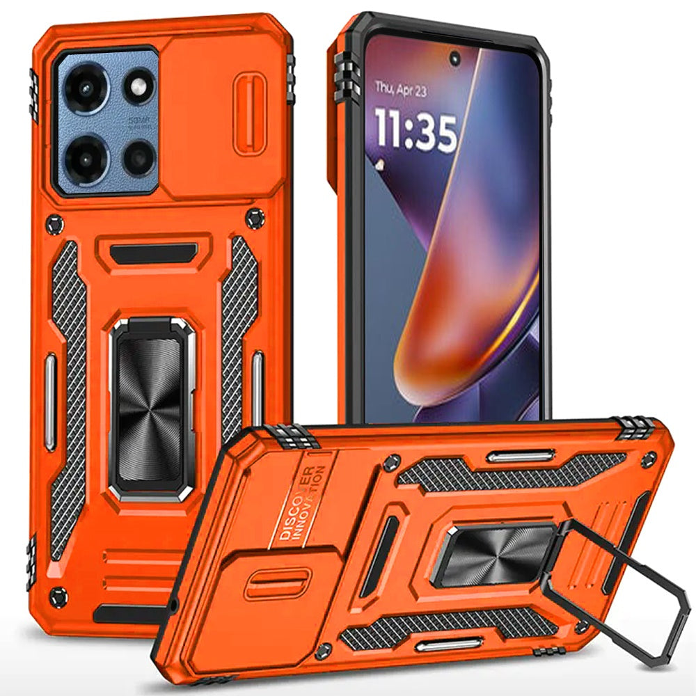 For Motorola Moto G 5G 2026/2025 Tough Hybrid Case with Movable Camera Window & Metal Ring Stand Shockproof Case Cover Cosmic Orange