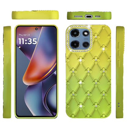 For Motorola Moto G Play 5G 2026 Fashion Flower Design Sparkle Glitter Shimmer Rhinestone Bling Floral Accents, Leather Texture TPU Case Cover Light Green/Teal