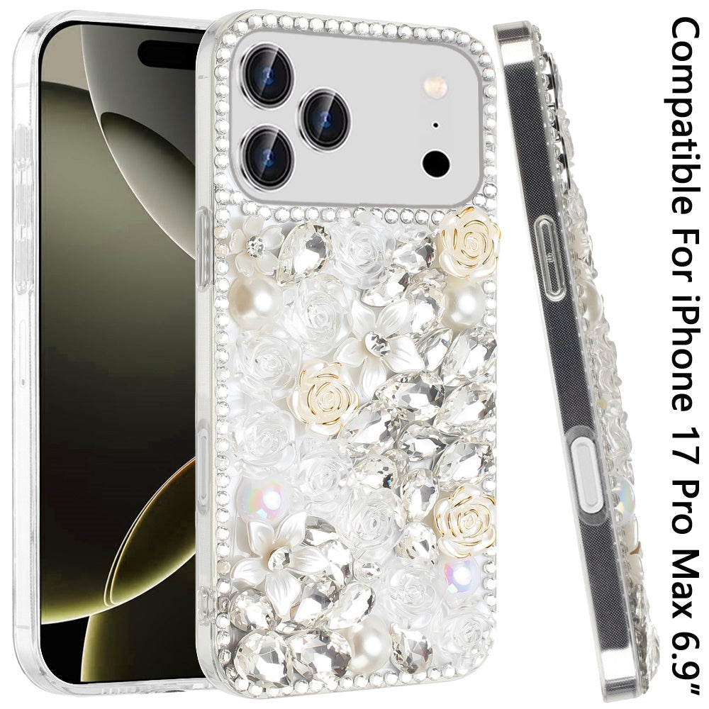 Phone Case for Apple iPhone 17 Pro Max Rose Flower Full Diamond Bling Rhinestone Glitter Luxury Stylish Sparkle Protective Designer Hybrid Cover