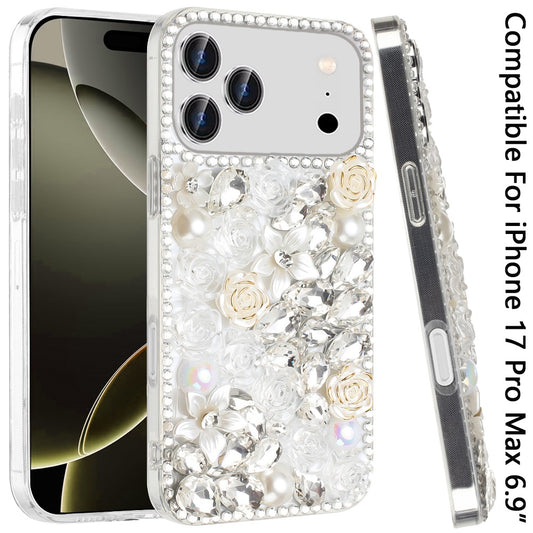 Phone Case for Apple iPhone 17 Pro Max Rose Flower Full Diamond Bling Rhinestone Glitter Luxury Stylish Sparkle Protective Designer Hybrid Cover