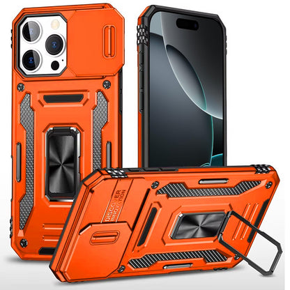 For iPhone 16 Pro Max (6.9") Tough Hybrid Case with Movable Camera Window & Metal Ring Stand Shockproof Case Cover Cosmic Orange
