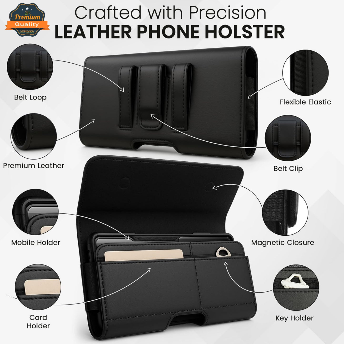 For Google Pixel 10 Pro Fold Magnetic Leather Pouch with Belt Clip, Secure Magnetic Closure, Soft Lining, Card Holder Slot, Fits 6.5"- 7.0" Phones Case Cover Black