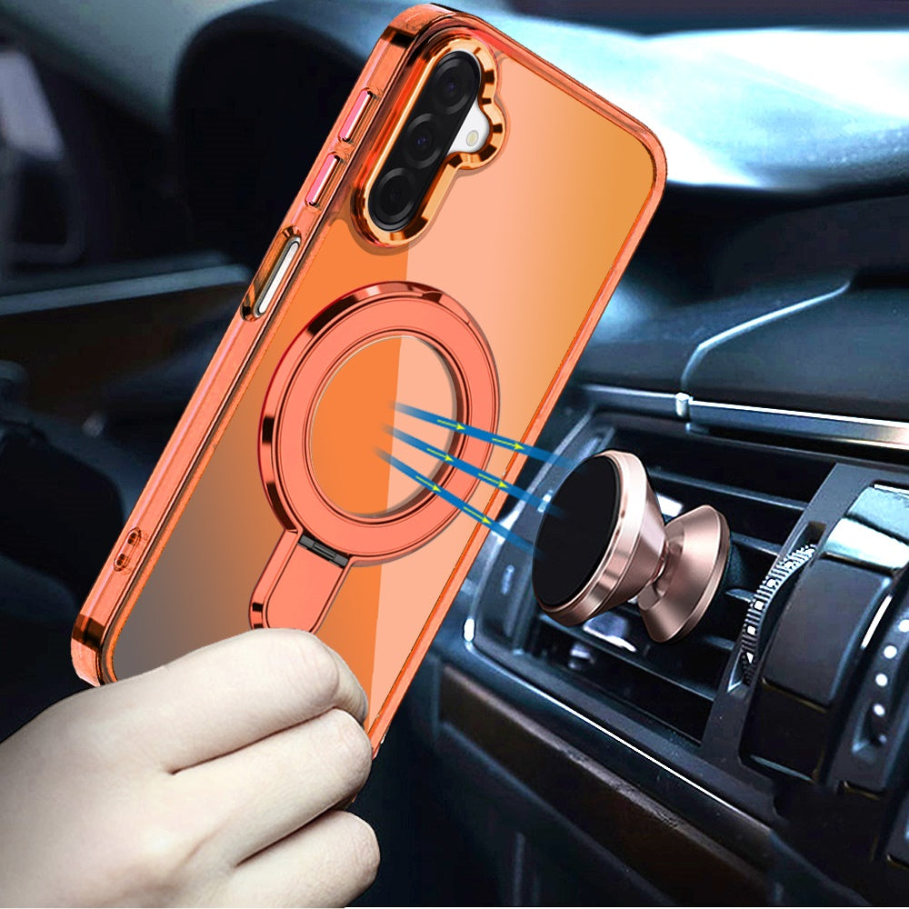For Samsung Galaxy A17 5G Chrome Hybrid with Rotating Magnetic Circle Ring Stand, Slim Shockproof Hybrid Case Cover Cosmic Orange
