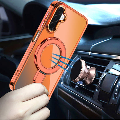 For Samsung Galaxy A17 5G Chrome Hybrid with Rotating Magnetic Circle Ring Stand, Slim Shockproof Hybrid Case Cover Cosmic Orange