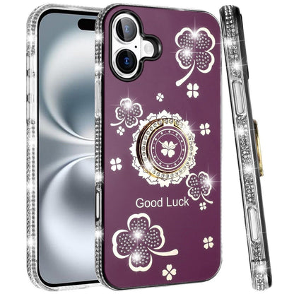 Phone Case for iPhone 16 Glitter Diamond Ring Stand Sparkle Rhinestone Edge AntiSlip Kickstand Luxury Fashion Bumper Shockproof Cover Red